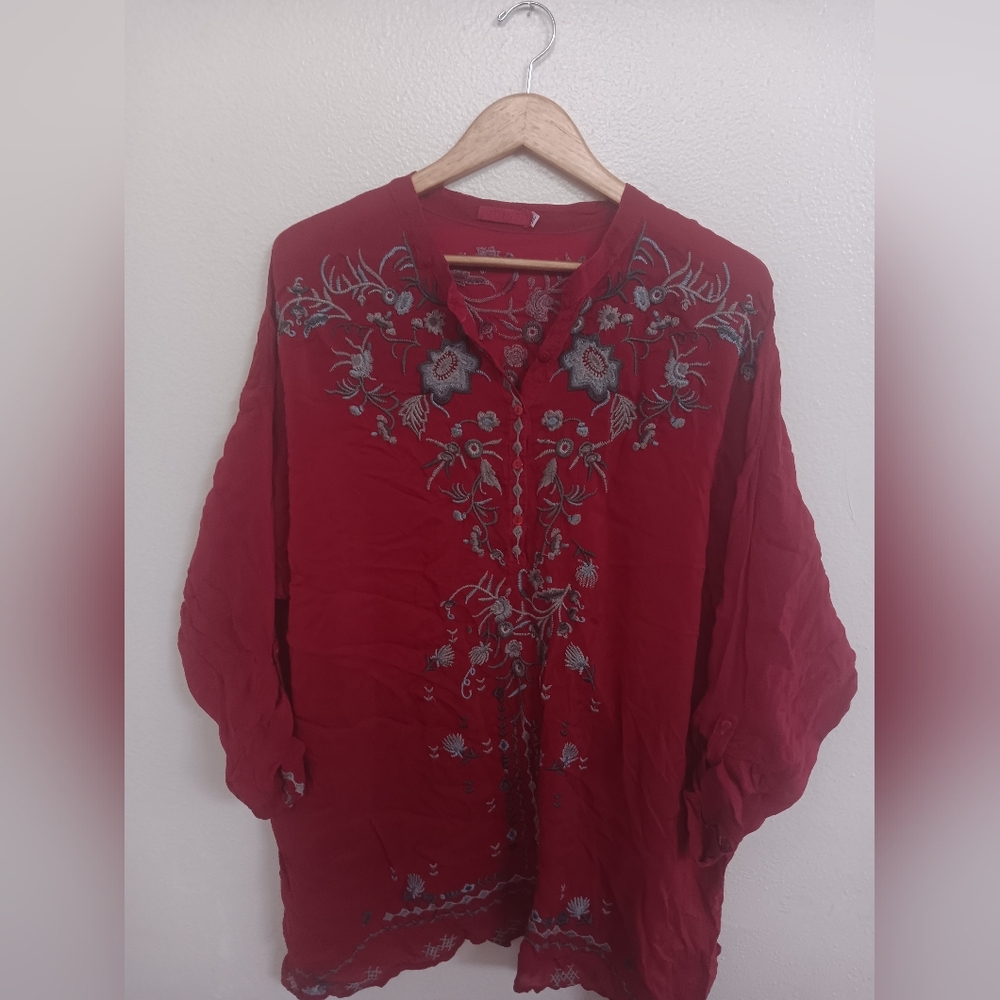 Johnny Was Crinkle Embroidered Floral Blouse - Picture 2 of 9